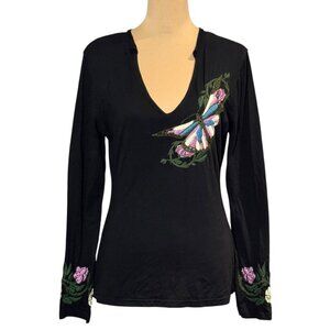 VTG Y2K Till The End Embroidered Tee Sz.L Black V-Neck Butterfly Fairy Grunge